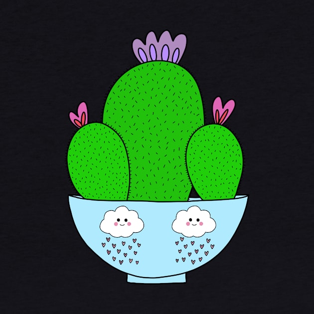 Cute Cactus Design #173: Cacti Bunch In A Cute Bowl With Rain Clouds by DreamCactus